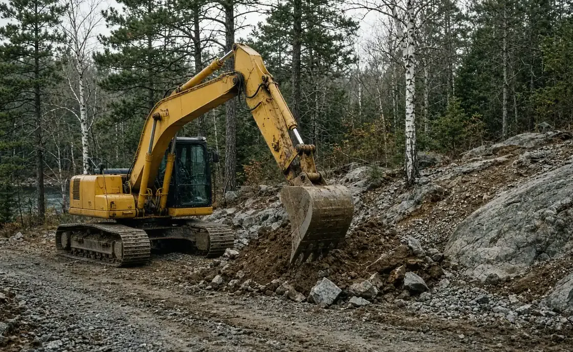 Excavator digging rock and soil on a wooded lot