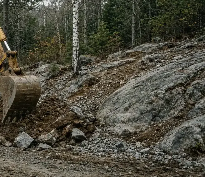 Excavator bucket shaping soil and rock on a wooded slope