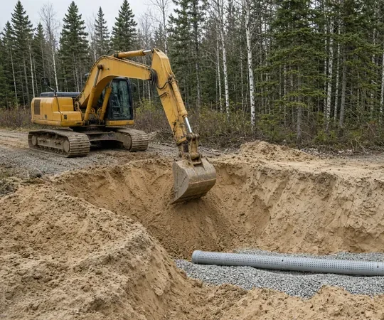 Excavator working a septic bed with perforated pipe on a wooded lot