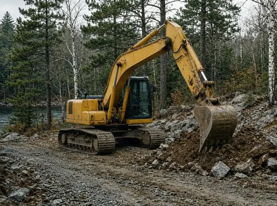 Excavator digging rock and soil for site prep on a wooded lot
